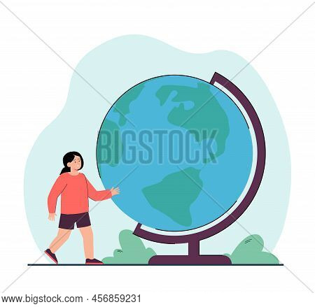 Tiny Schoolgirl Walking To Big School Globe. Girl Studying Planet Earth On Geography Lesson Flat Vec