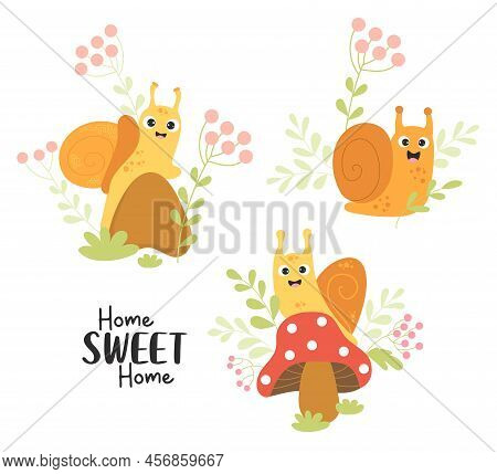 Set Of Forest Snails. Cute Snail Characters On Fly Agaric Mushroom, On Stone, Among Grass And Berrie