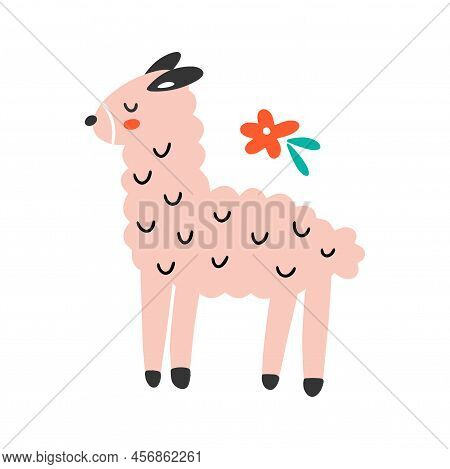 Pink Cute Fluffy Llama With A Flower Isolated On A White Background. Hand Drawn Flat Vector Illustra