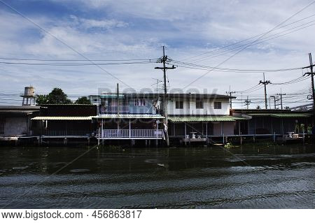 View Landscape Of Khlong Damnoen Saduak Canal And Cityscape Countryside Rural Village Vintage Retro 