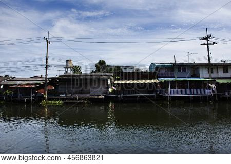 View Landscape Of Khlong Damnoen Saduak Canal And Cityscape Countryside Rural Village Vintage Retro 