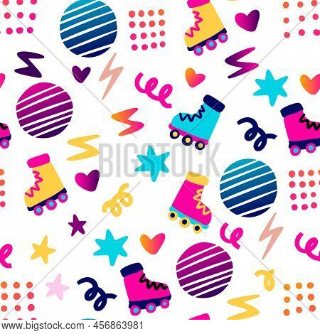 Roller Skate Party 70s 80s Retro Seamless Pattern. Skating Graphic Background