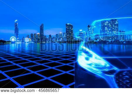 Modern Suv Car With Cityscape Background In Futuristic Vehicle Concept. Electric Vehicle In Smart Ci