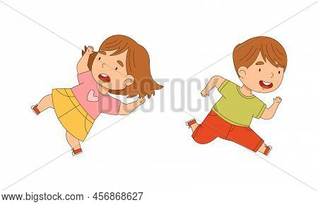 Cute Little Boy And Gil Slipping And Running Cartoon Vector Illustration
