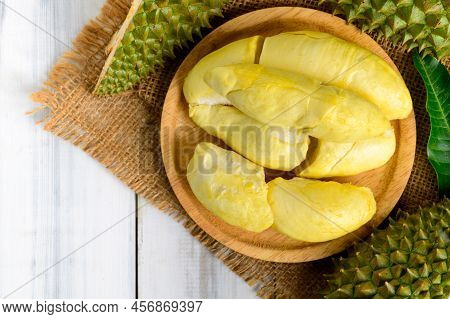 Top View Of Long Laplae Durian On  Wood Plate,it Is The Most Expensive And Most Delicious Of All Dur