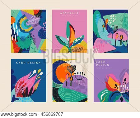 Set Of Six Vector Pre-made Cards In Modern Abstract Style With Nature Motifs, Flowers, Leaves And Ha