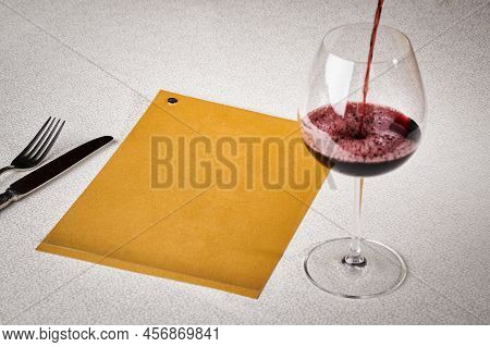 Ood Concept, Top View, Copy Space. Glass Of Wine On A Serving Table With Fork And Knife