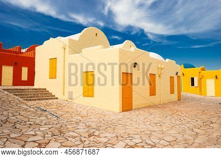 Orange Greek Mediterranean Houses. Greek Village In Balatonfured