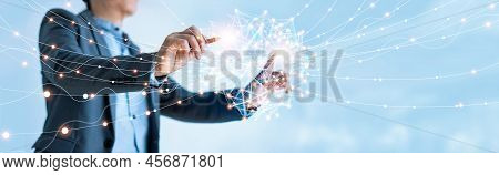 Businessman Drawing Global Structure Networking And Data Exchanges Customer Connection On Blue Backg