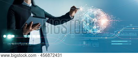 Business Woman Drawing Global Structure Networking And Data Exchanges Customer Connection On Blue Ba