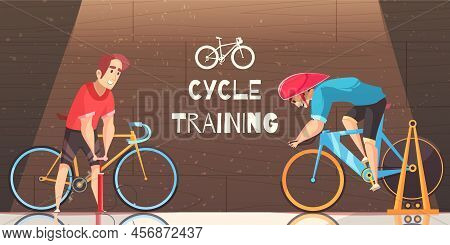 Road Circuit Cycle Racing Indoor Training With Stationary Bike Trial And Sportsman Pumping Tire Vect