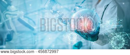 Healthcare And Medicine, Covid-19, Doctor And Robotics Research And Diagnose Virtual Human Lungs Wit