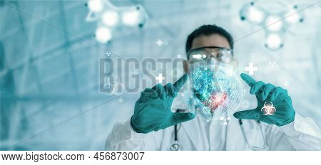 Doctor Using Virtual Reality Technology Research Experimental Medicine On Covid-19 Coronavirus, Deve