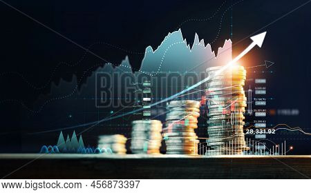 Financial Investment Concept, Stack Of Coins For Finance Investor With  Trading Graph Growth, Stock 