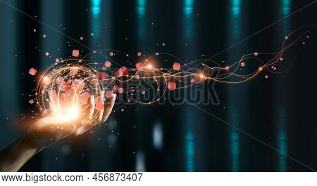 Hand Holding Of Global Data Network, Big Data Visualization Of Futuristic And Block Chain, Financial