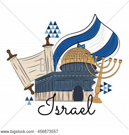 Colored Israel Travel Promotion With Sinagoga Buildings And Jewish Objects Vector Illustration