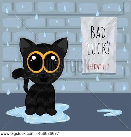 Crying Cat On A Raining Street Bad Luck Friday Thirteen Vector Illustration