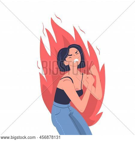 Angry Woman With Furious Face In Flame Clenching Teeth With Wrath Vector Illustration