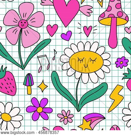 Y2k Doodle Clip Art Elements Set. Outlined Bright Colorful Design Elements - Smiling Daisy Flower, H