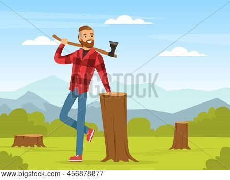 Bearded Man Lumberjack Or Woodman In Red Checkered Shirt With Ax Leaning On Tree Stump Vector Illust
