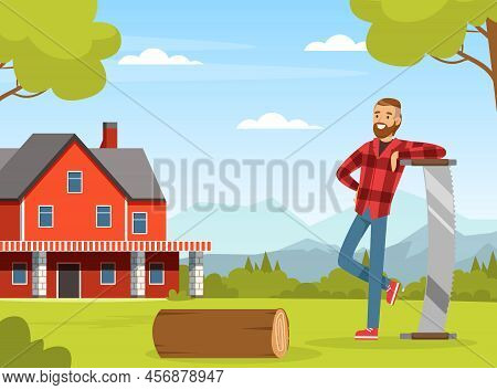 Bearded Man Lumberjack Or Woodman In Red Checkered Shirt With Saw Standing On Green Lawn With Log Ve