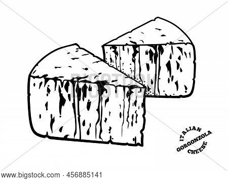 Italian Blue Cheese Gorgonzola. Outline Doodle Style Illustration For Cafe, Restaurant Menu, Logo, L