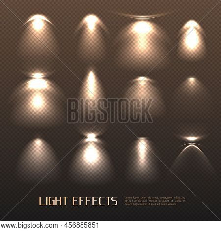 Set Of Light Effects Of Various Intensity From Electric Lamps On Transparent Background Isolated Vec