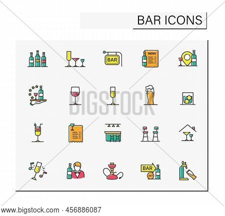 Bar Color Icons Set. Party Drinks. Restaurant, Night Club, Bar Menu. Wine, Whiskey, Tequila Or Vodka