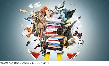 Different Education Instruments Look Like Earth Shape With Light Dark Background. Concept Of Modern 
