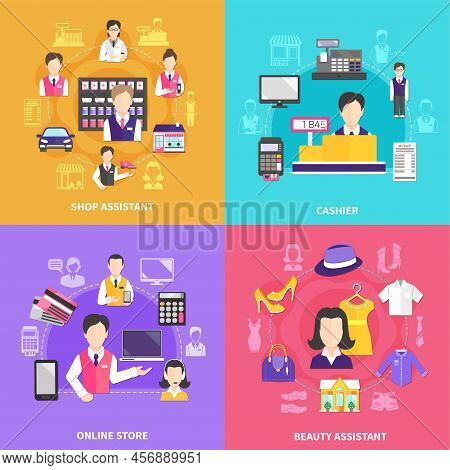 Salesman Design Concept With Four Round Compositions Of Silhouette Icons And Flat Images Of Shopwork