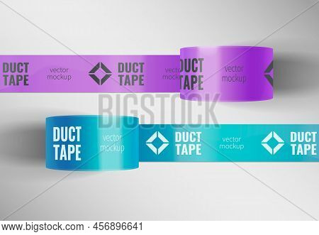 Duct Tape Mockup Realistic Set With Purple And Lavender Colored Adhesive Tapes With Text And Logo Ve