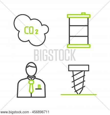 Set Line Rotating Drill Digging A Hole, Businessman Or Stock Market Trader, Barrel Oil And Co2 Emiss