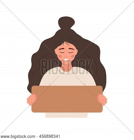 Woman Holding Cardboard Blank Sign. Template For Your Slogan. Paper With Copy Space For Text In Fema
