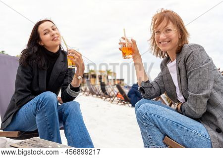 Portrait Two Young Adult Beautiful Happy Smiling Women Frinds In Casual Wear Enjoy Relax Sitting In