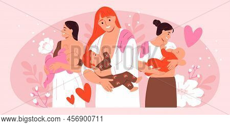 Flat And Colored Mother Baby Composition Different Women Breastfeed Their Young Children Vector Illu