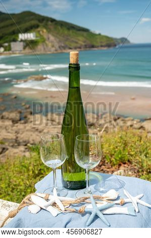 Tasting Of Txakoli Or Chacolí Slightly Sparkling Very Dry White Wine Produced In The Spanish Basque