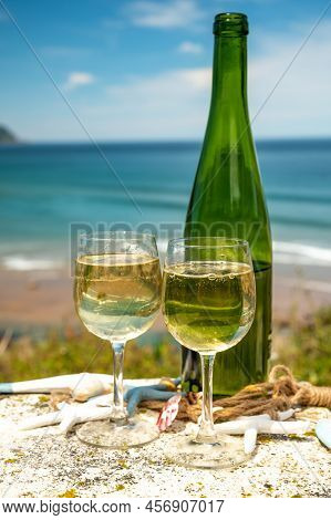 Tasting Of Txakoli Or Chacolí Slightly Sparkling Very Dry White Wine Produced In The Spanish Basque