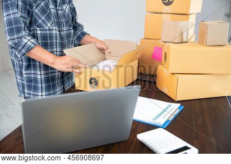 Closeup View Of Female Online Store Small Business Owner Seller Entrepreneur Packing Package Post Sh