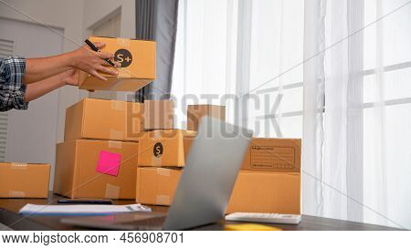 Closeup View Of Female Online Store Small Business Owner Seller Entrepreneur Packing Package Post Sh