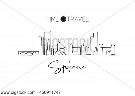 One Continuous Line Drawing Of Spokane City Skyline, Washington. Beautiful Landmark. World Landscape