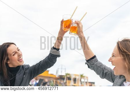 Portrait Two Young Adult Beautiful Happy Smiling Women Frinds In Casual Wear Enjoy Relax And Celebra