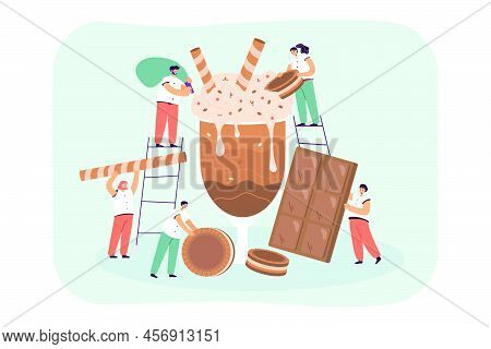 Tiny Cartoon Characters With Huge Chocolate Cocktail. Sweet Dish With Biscuits And Chocolate Bars, M