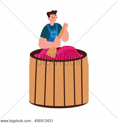 Man Making Wine From Fruit Vector Illustration. Grape Winery Cartoon Harvesting On Vineyard Wooden B
