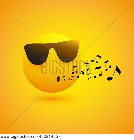 Singing Or Whistling Emoji - Emoticon Face Wearing Sunglasses On Yellow Background - Vector Design C