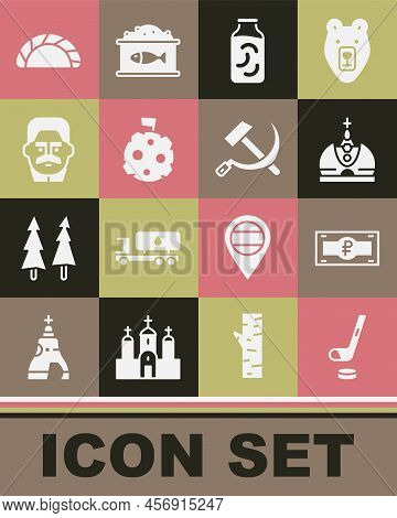 Set Ice Hockey Stick And Puck, Russian Ruble Banknote, King Crown, Pickled Cucumbers Jar, Moon With 