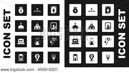 Set Calendar Death, Church Building, Tower, Funeral Urn, Mourning Photo Frame, Holy Bible Book, Tear