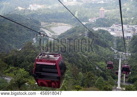Genting, Malaysia - Jun 10, 2022: View Of Cable Car At Genting Highlands, Malaysia In A Foggy Weathe