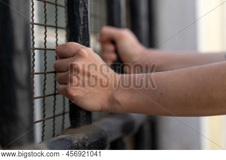 Slave Girl In Cage. Imprisonment, Female Prisoner, Women Violence And Abused Concept, Human Traffick
