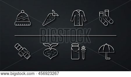 Set Line Winter Hat, Scarf, Socks, Jar Of Honey And Dipper Stick, Beet, Carrot, Umbrella And Raincoa
