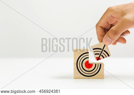 Connection Partner To Goal Concep. Hand Holding Wooden Cube Block Connect Goal Icon White Background